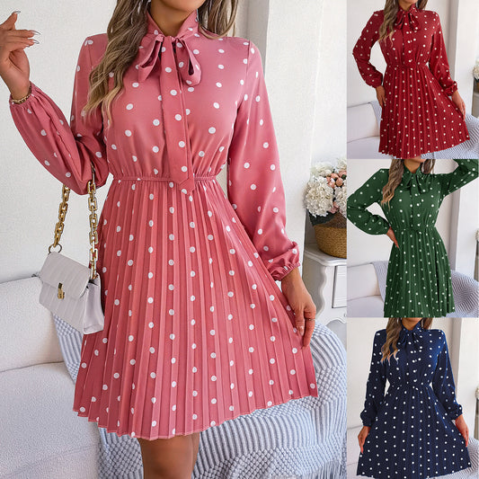 Women's Polka-dot Self-tie Waist-controlled Long Sleeves Pleated Skirt apparels & accessories