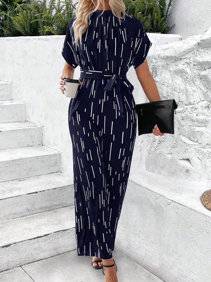 Tied Printed Mock Neck Wide Leg Jumpsuit Dresses & Tops