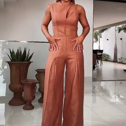 Fashion Round-neck High Waist Solid Color Hollow Out Wide Leg Jumpsuit apparel & accessories