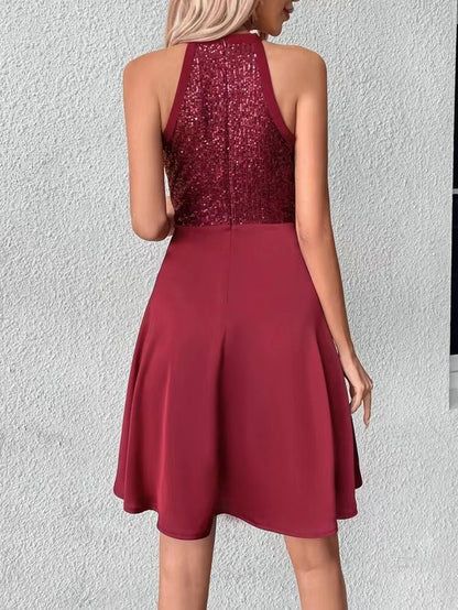 Summer New Sequin Stitching Sleeveless Slim Solid Color Dress Women apparel & accessories