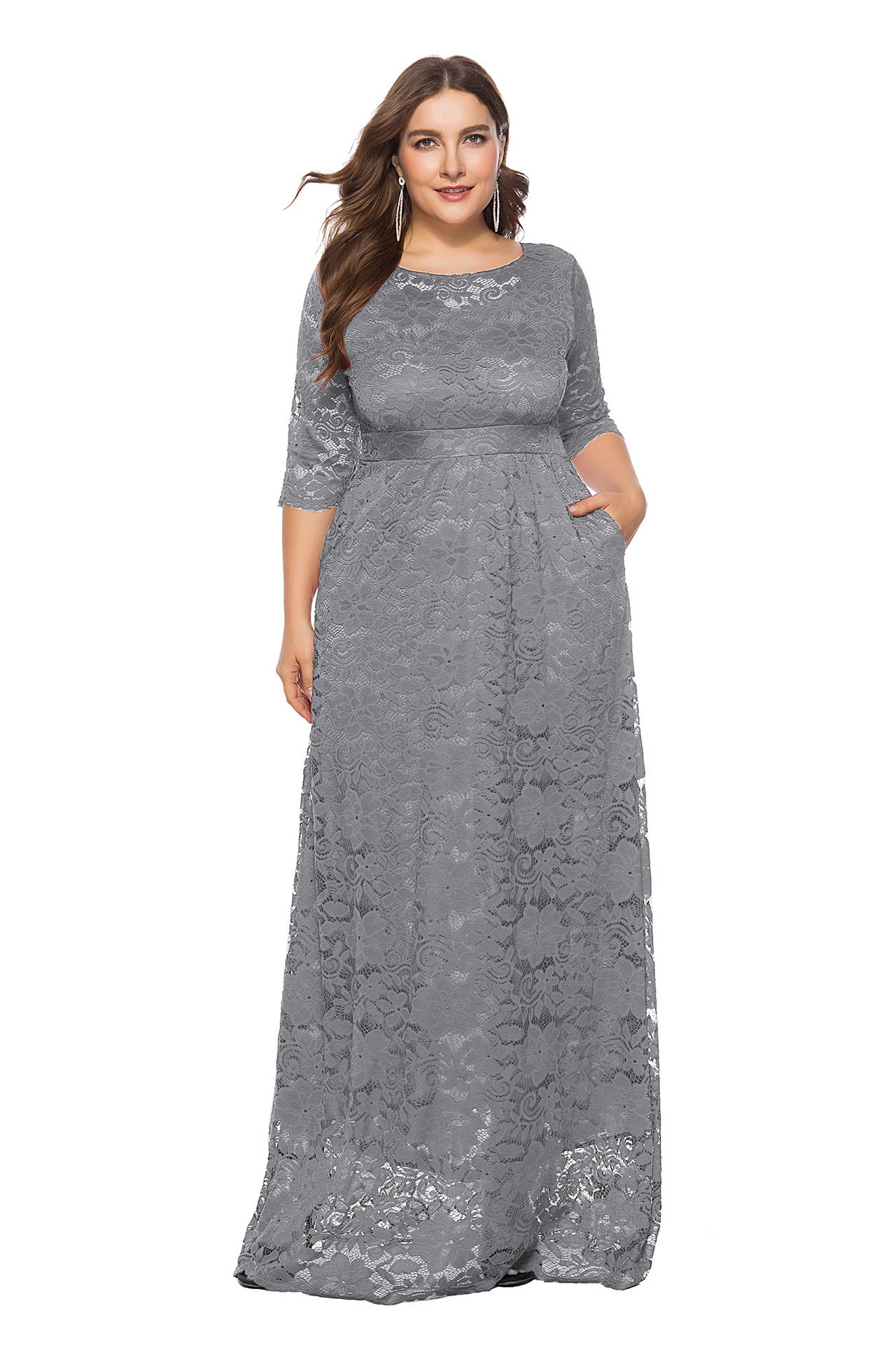 Plus Size Women New Hollow Lace Pocket Dress Dresses & Tops