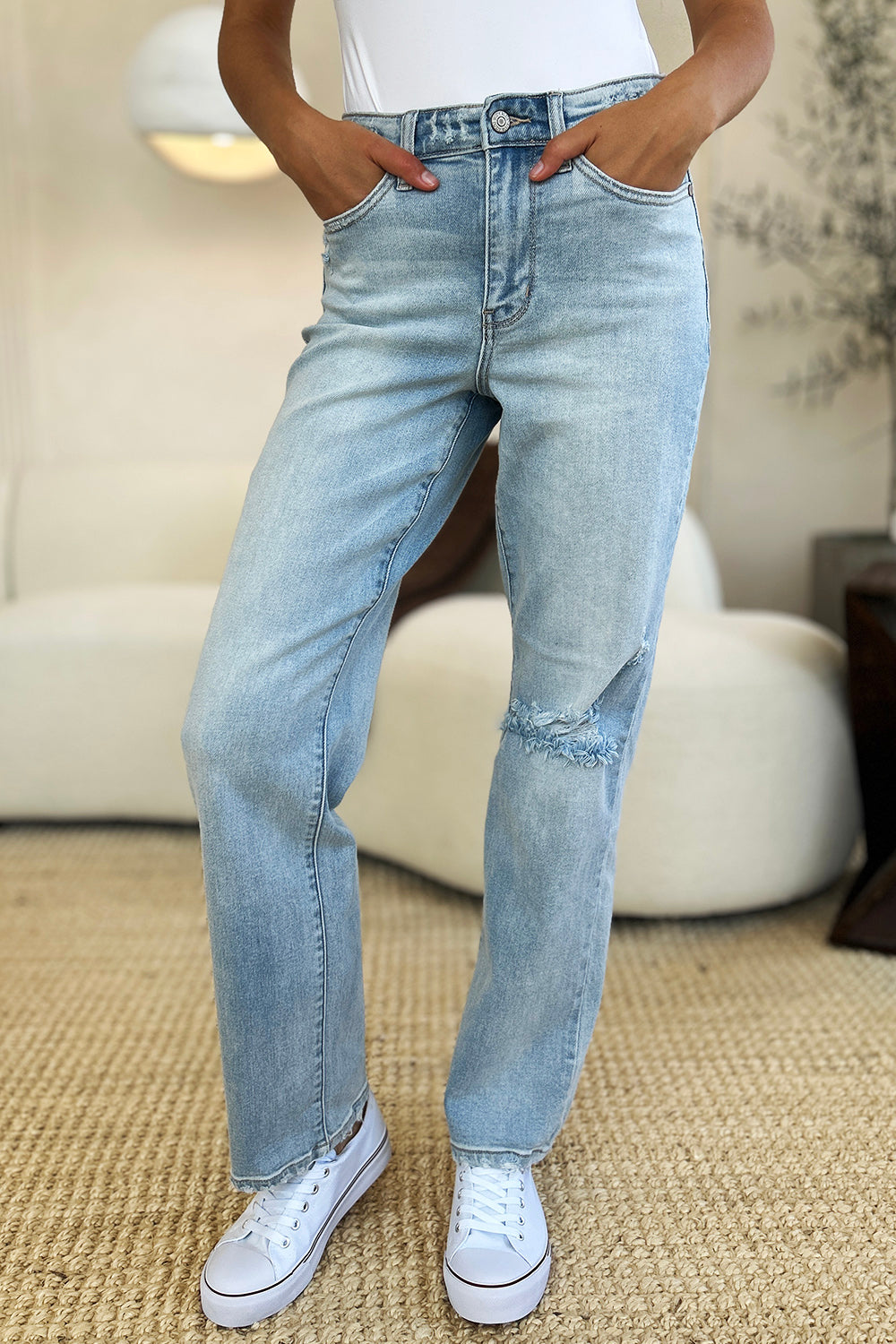 Judy Blue High Waist Distressed Straight Jeans Bottom wear