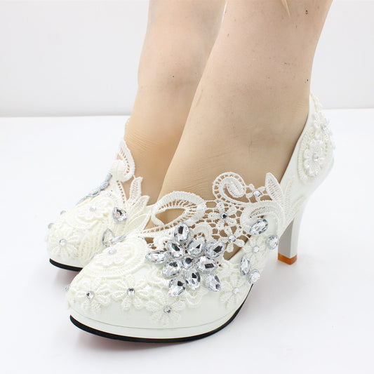 White Wedding Shoes High Heel Round Head Lace Rhinestones Shoes & Bags