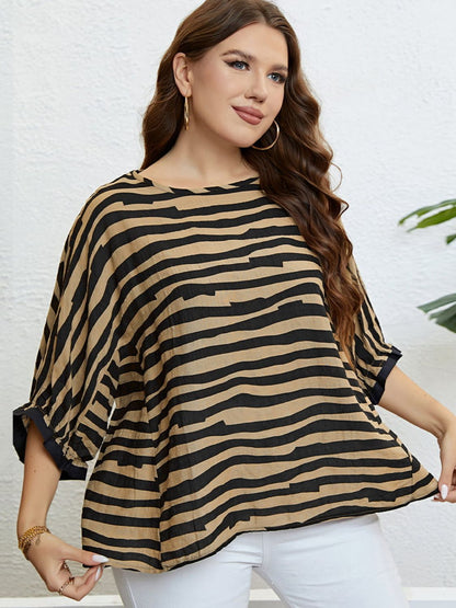 Plus Size Striped Three-Quarter Sleeve Boat Neck Top apparel & accessories