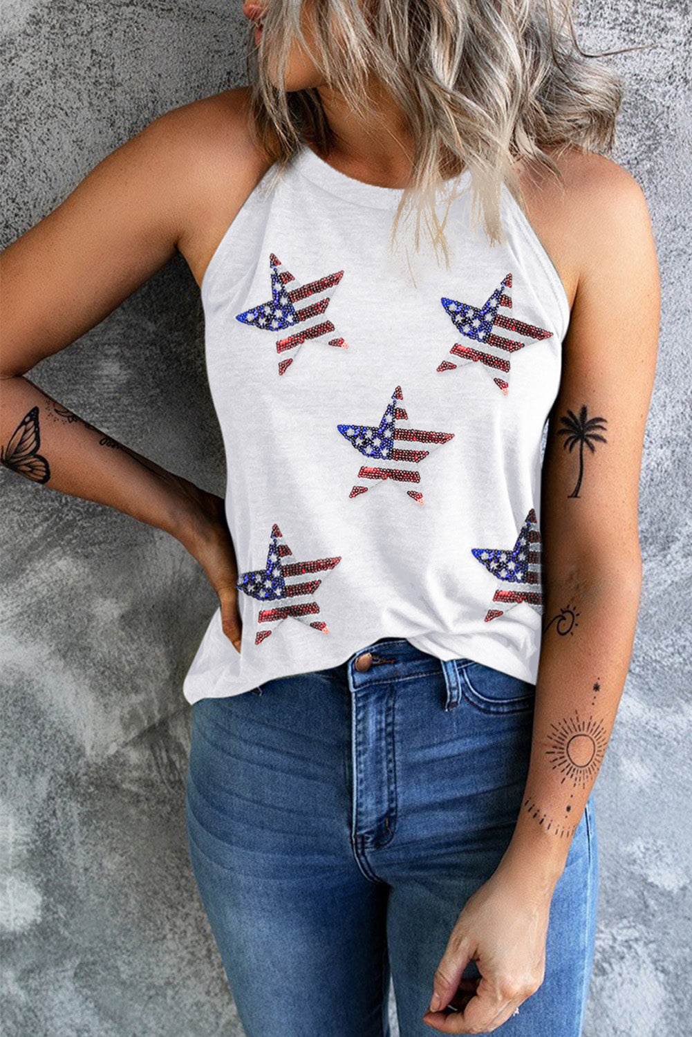 Sequin US Flag Star Grecian Neck Tank apparel & accessories