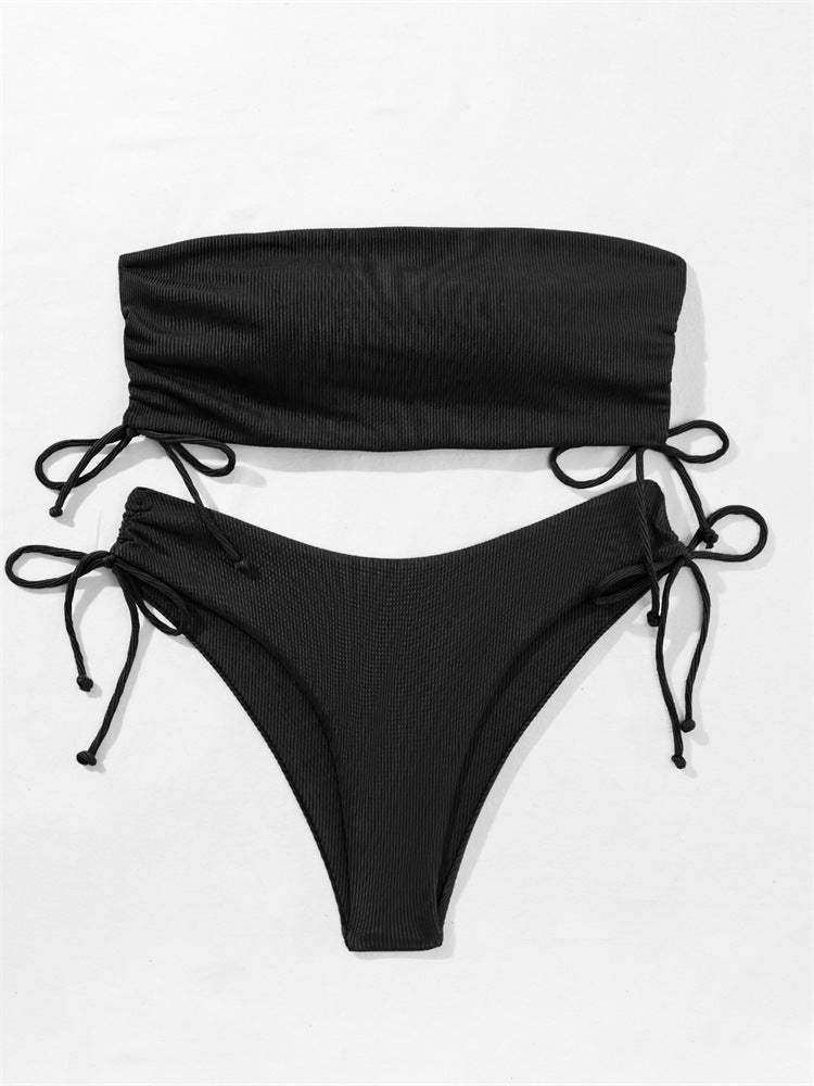 Summer Tube Bikini With Drawstring Design Solid Color Sexy Swimsuit For Beach Party Womens Clothing apparel & accessories