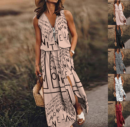 Spring And Summer New Sleeveless Long Casual Women's Waist Zipper Letter Print Dress apparel & accessories