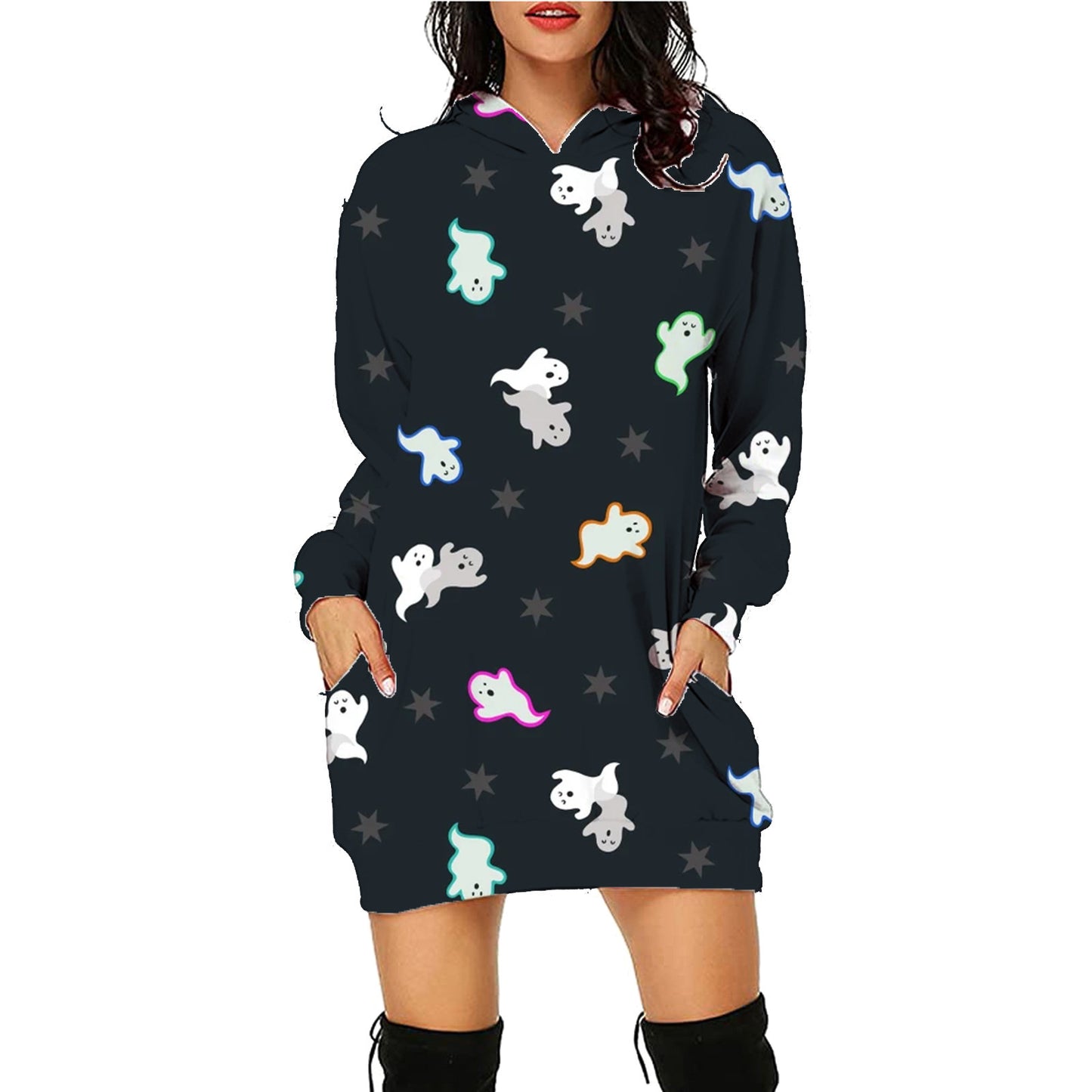 Halloween Print Long Hoodie With Pockets halloween