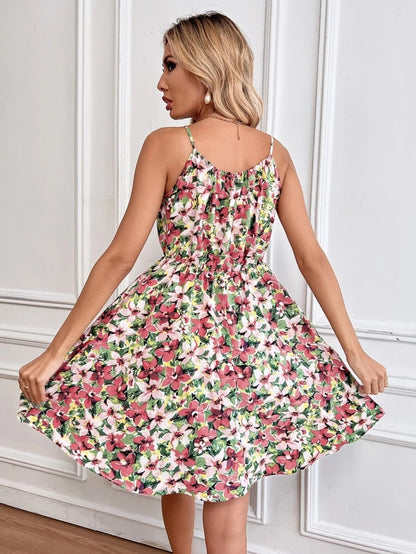 Floral Print Suspender Dress With Elastic Waist Design Fashion Summer Short Dresses Womens Clothing apparel & accessories