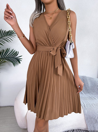 Tied Surplice Sleeveless Pleated Dress Dresses & Tops