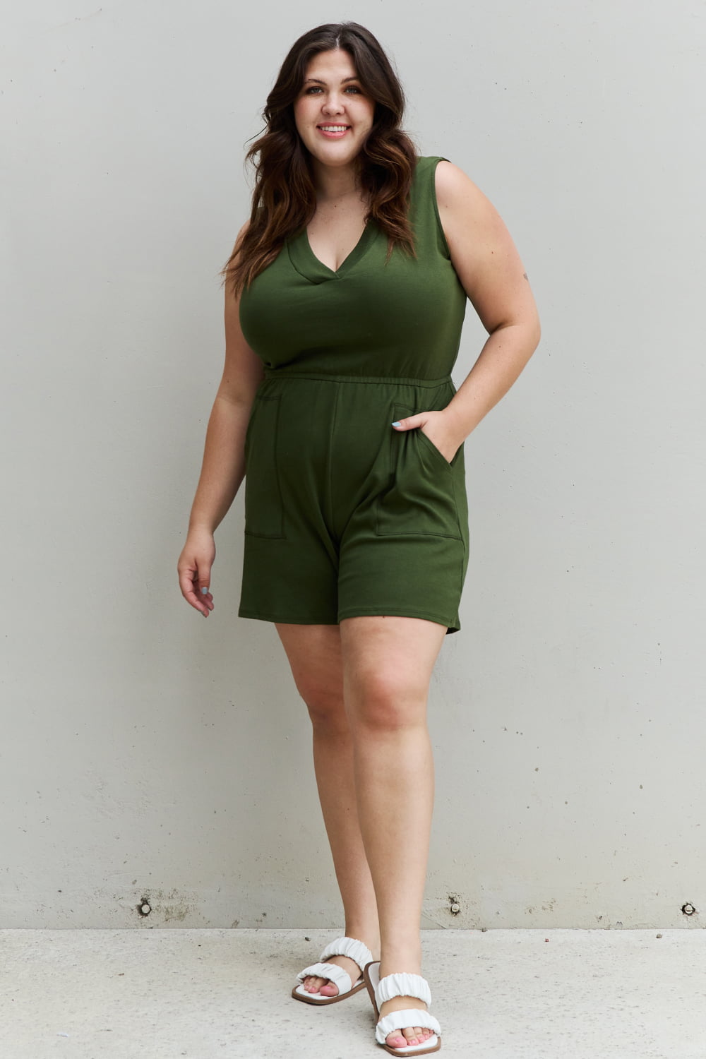 Zenana Forever Yours Full Size V-Neck Sleeveless Romper in Army Green Dresses & Tops