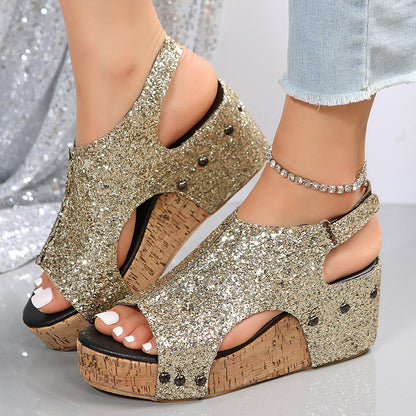 Chunky Wedges Sandals Sequins Velcro Shoes Shoes & Bags