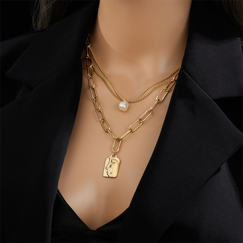Fashion Jewelry Layered Face Portrait Chain Choker Necklace For Women Elegant Pearls Pendant Necklace Jewelry Accessories Jewelry