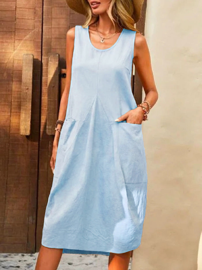 Sleeveless U-neck Dress With Pockets Design Casual Solid Color Loose Dresses Summer Fashion Womens Clothing apparel & accessories