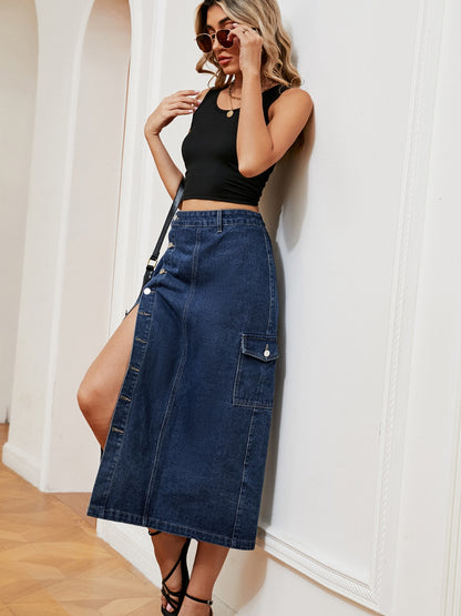 Button Down Midi Denim Skirt Bottom wear