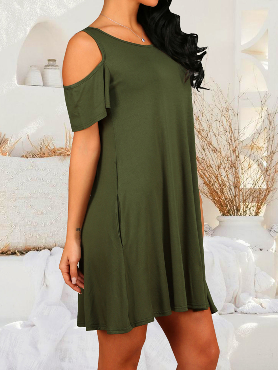 Round Neck Cold Shoulder Short Sleeve Dress Dresses & Tops