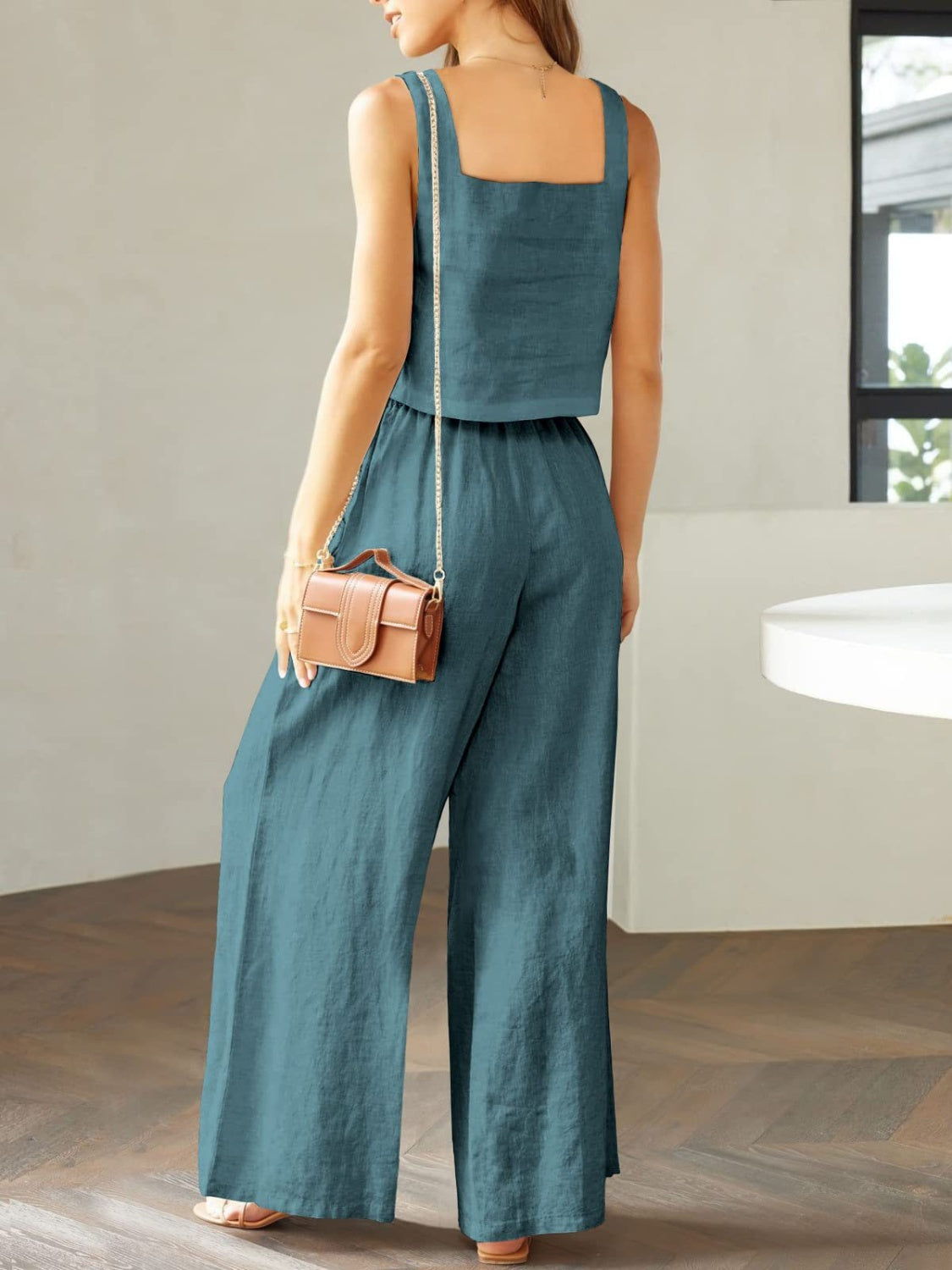 Square Neck Top and Wide Leg Pants Set apparel & accessories