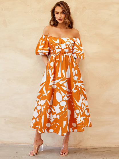 Printed Off-Shoulder Balloon Sleeve Dress apparel & accessories