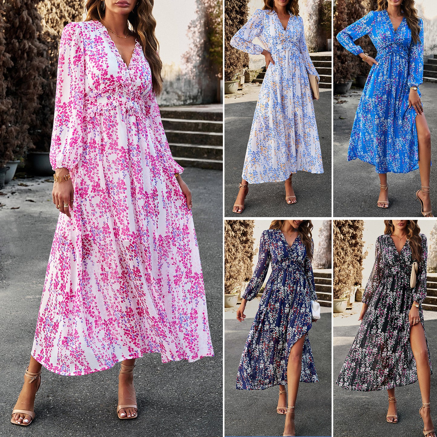 Women's Fashion Casual V-neck Long Sleeve Chiffon Dress apparels & accessories