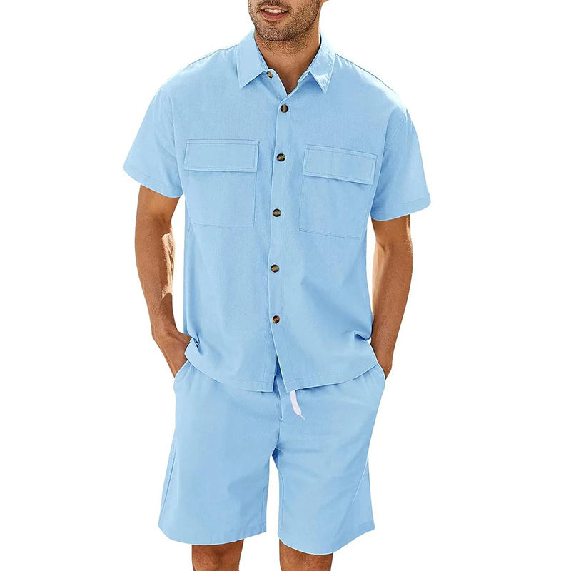 Summer Suits Men Short Sleeve Lapel Pockets Shirt And Drawstring Shorts Sports Fashion Leisure Men's Clothing apparel & accessories