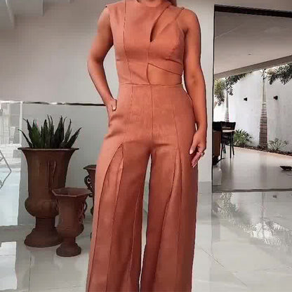 Fashion Round-neck High Waist Solid Color Hollow Out Wide Leg Jumpsuit apparel & accessories