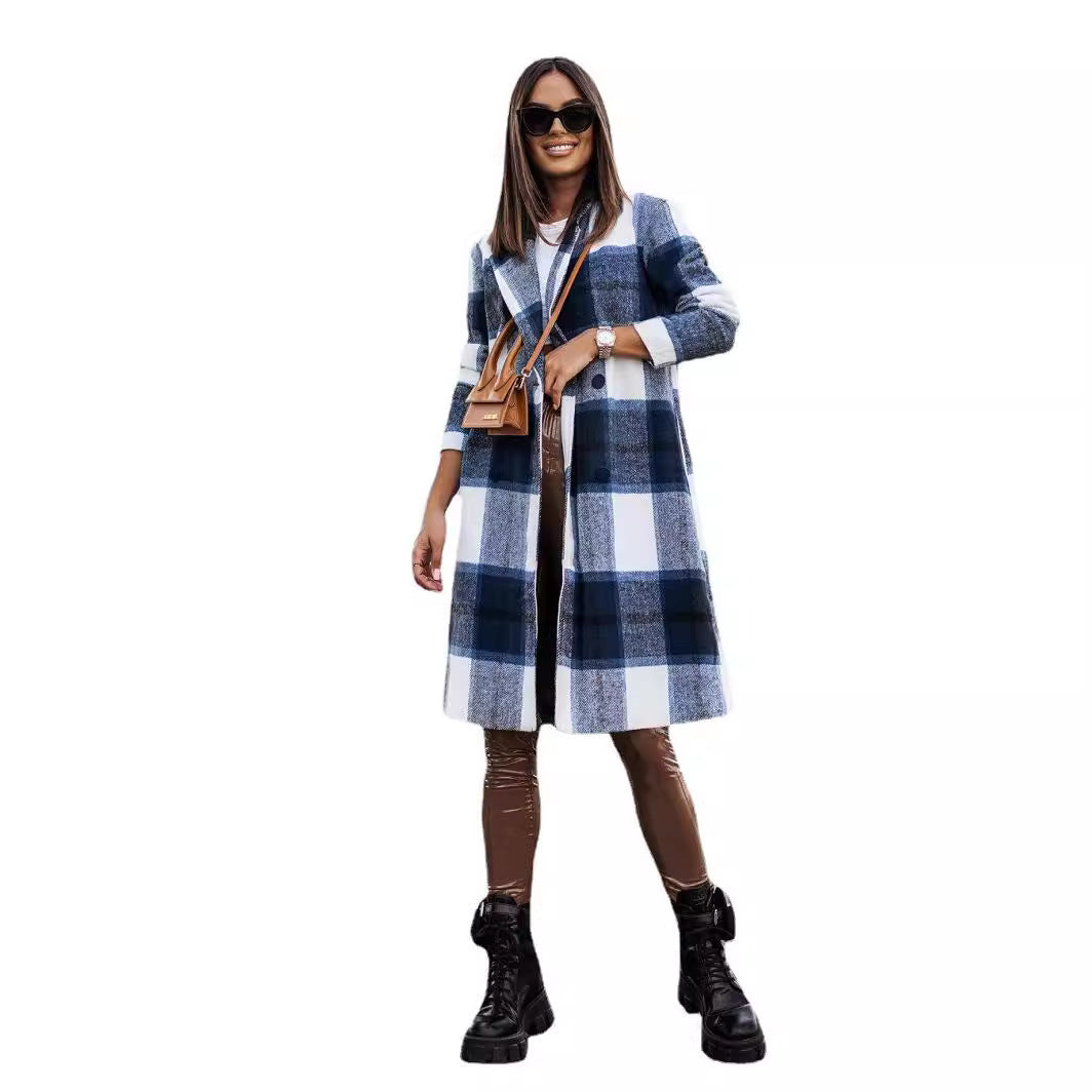 Fashion Brushed Mid-length Plaid Wool Coat apparels & accessories