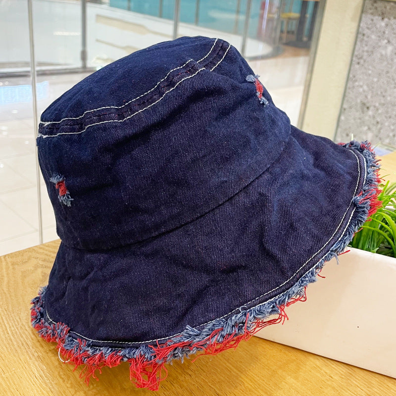 Made Of Old Rough Edge Denim Fisherman Hat Women's Sun Protection Retro Jewelry