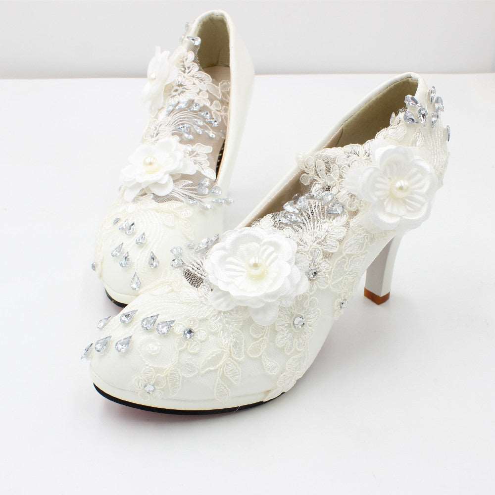 3D Floral White Lace High Heels Shoes & Bags