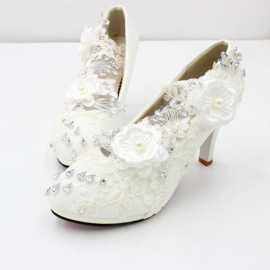 Floral White Lace High Heels Shoes & Bags