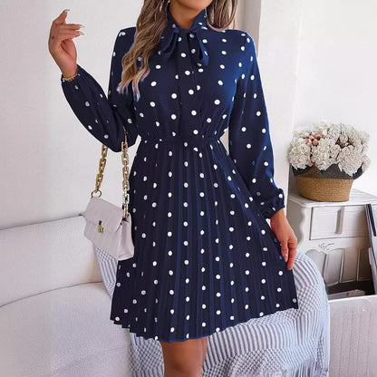 Women's Polka-dot Self-tie Waist-controlled Long Sleeves Pleated Skirt apparels & accessories