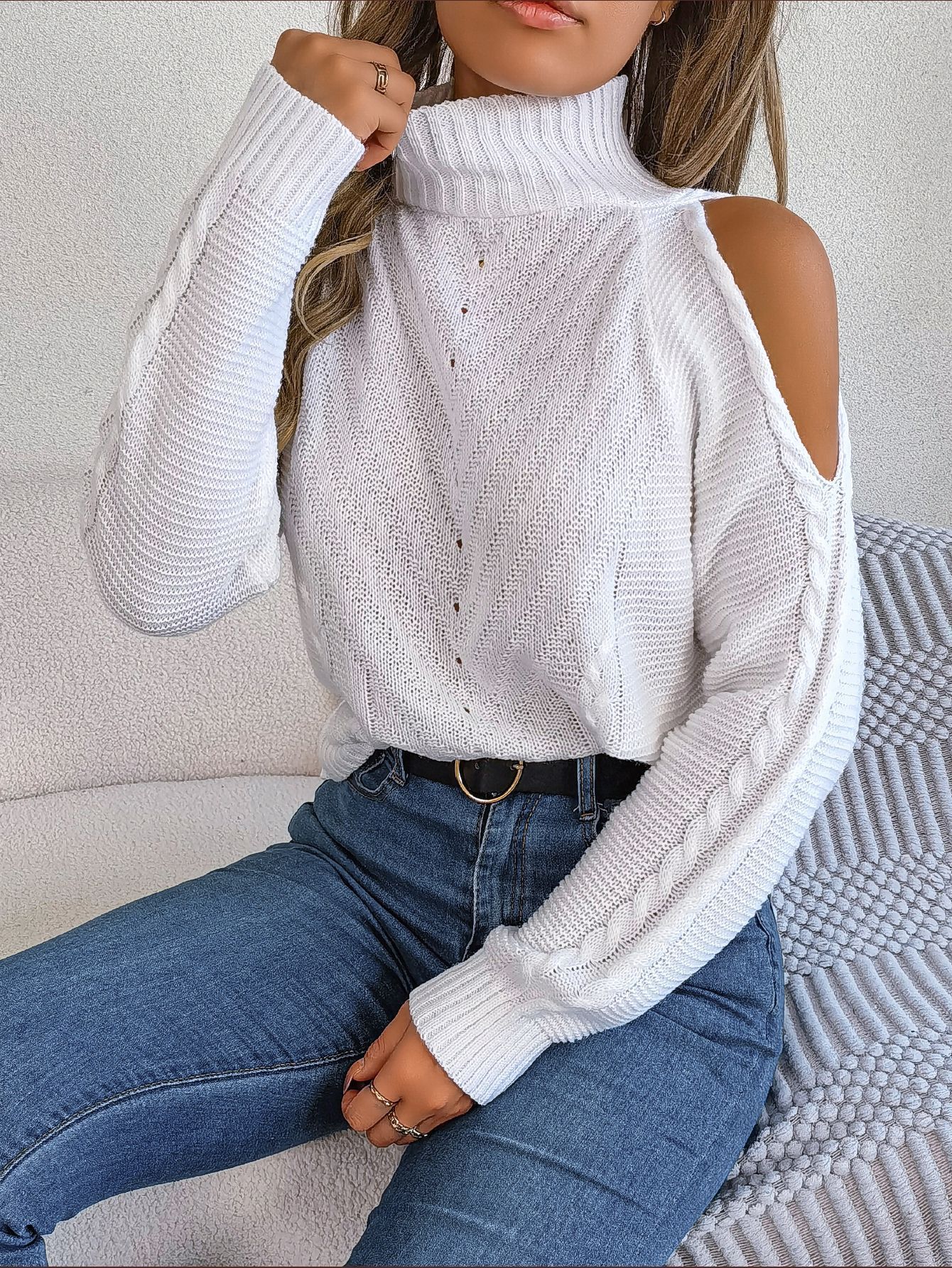 Off-the-shoulder Turtleneck Long Sleeve Knitted Sweater apparels & accessories