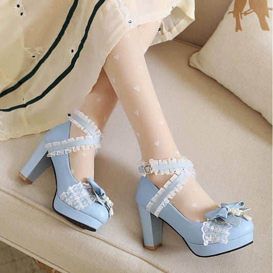 Bow Lace Mesh Thick Heel Shoes Shoes & Bags