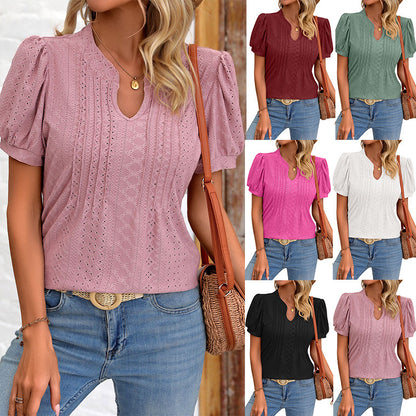 Solid Color V-neck Puff Short-sleeved T-shirt apparel & accessories