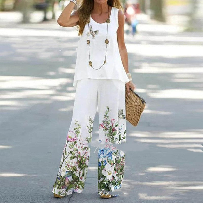 Printed Sleeveless Top And Straight Pants Two-piece Set apparels & accessories