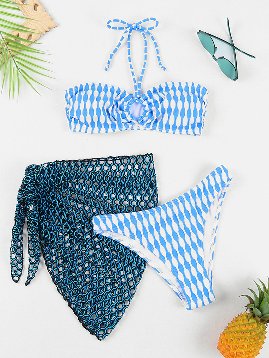 Geometric Halter Neck Three-Piece Swim Set apparels & accessories