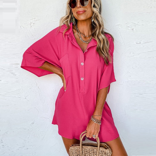 Solid Color Short-sleeved Jumpsuit Loose Casual Multi-pocket apparel & accessories