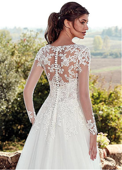 High U-neck Lace Long Sleeve A- Line Long Tail Simple Wedding Dress apparel & accessories