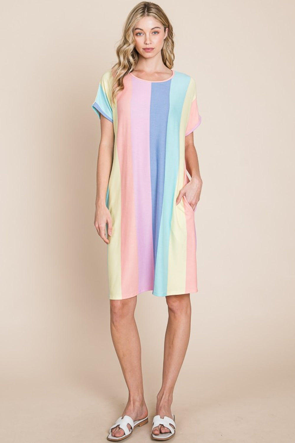 BOMBOM Striped Short Sleeve Dress with Pockets Dresses & Tops