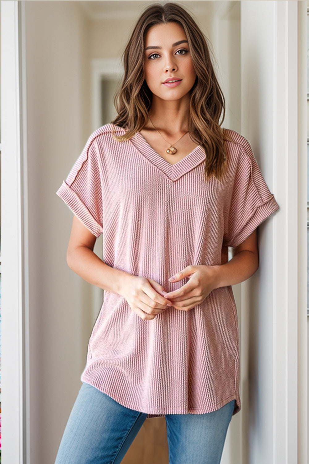 Textured V-Neck Short Sleeve Top Dresses & Tops