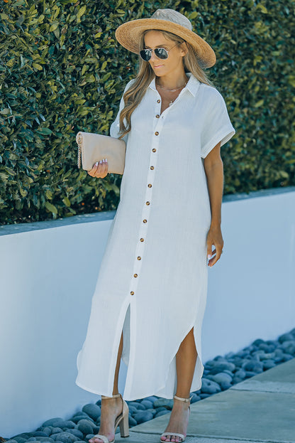 Textured Button Down Slit Shirt Dress apparel & accessories