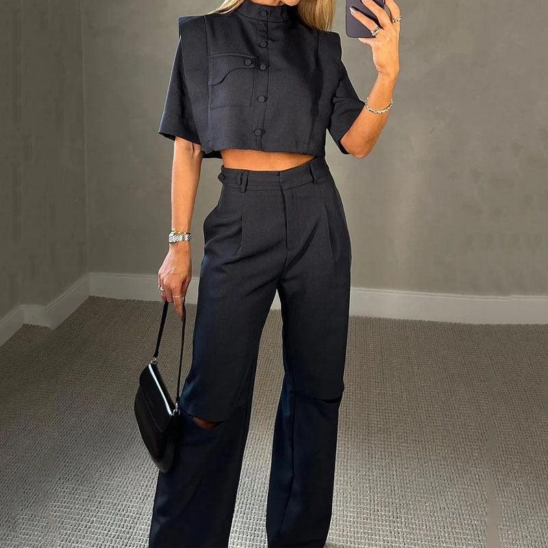 Casual Short Sleeve Top Ripped Trousers 2-piece Set Dresses & Tops