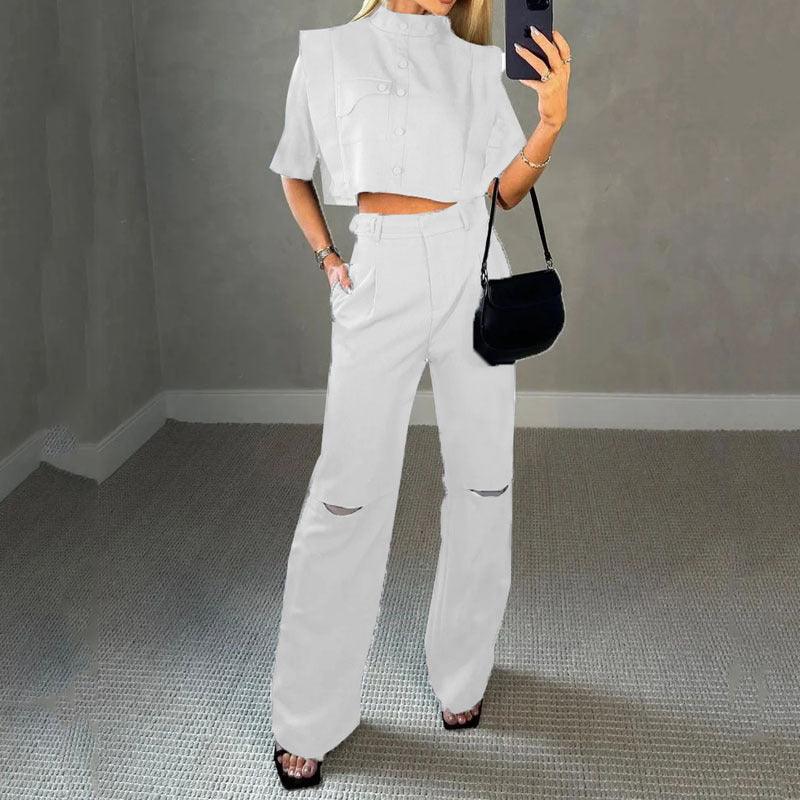Casual Short Sleeve Top Ripped Trousers 2-piece Set Dresses & Tops