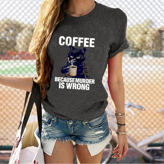 Cat Cute Print T-shirt Round Neck Short Sleeve Top apparel & accessories