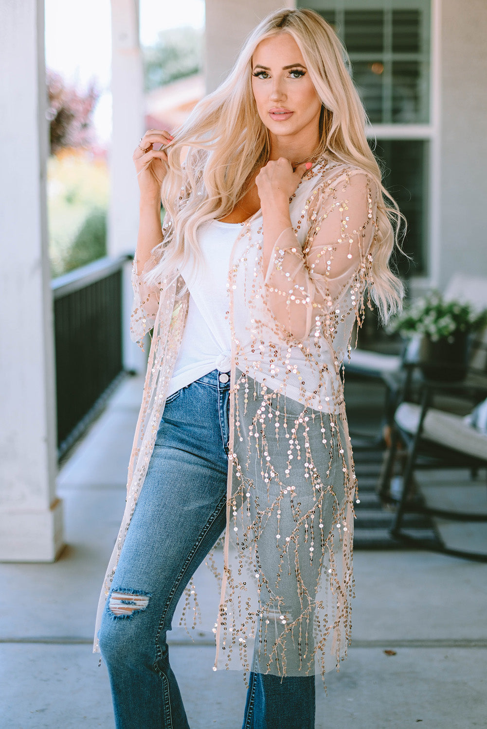 Sequin Open Front Sheer Cardigan apparel & accessories