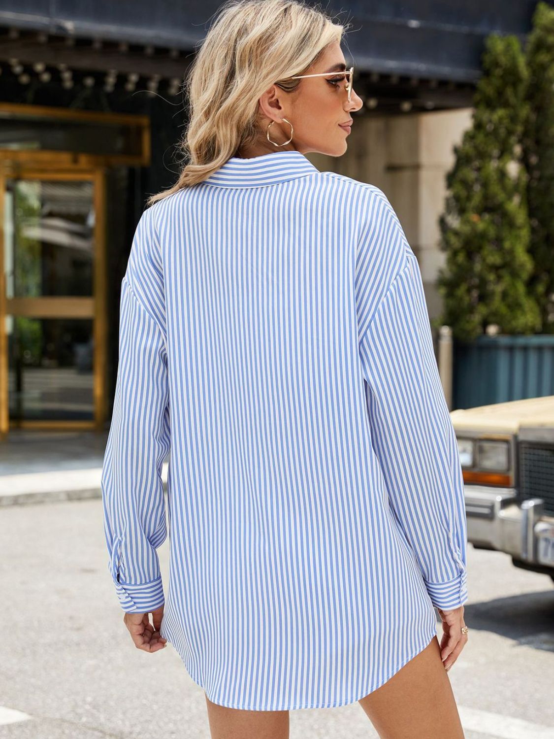 Pocketed Striped Collared Neck Long Sleeve Shirt Dresses & Tops