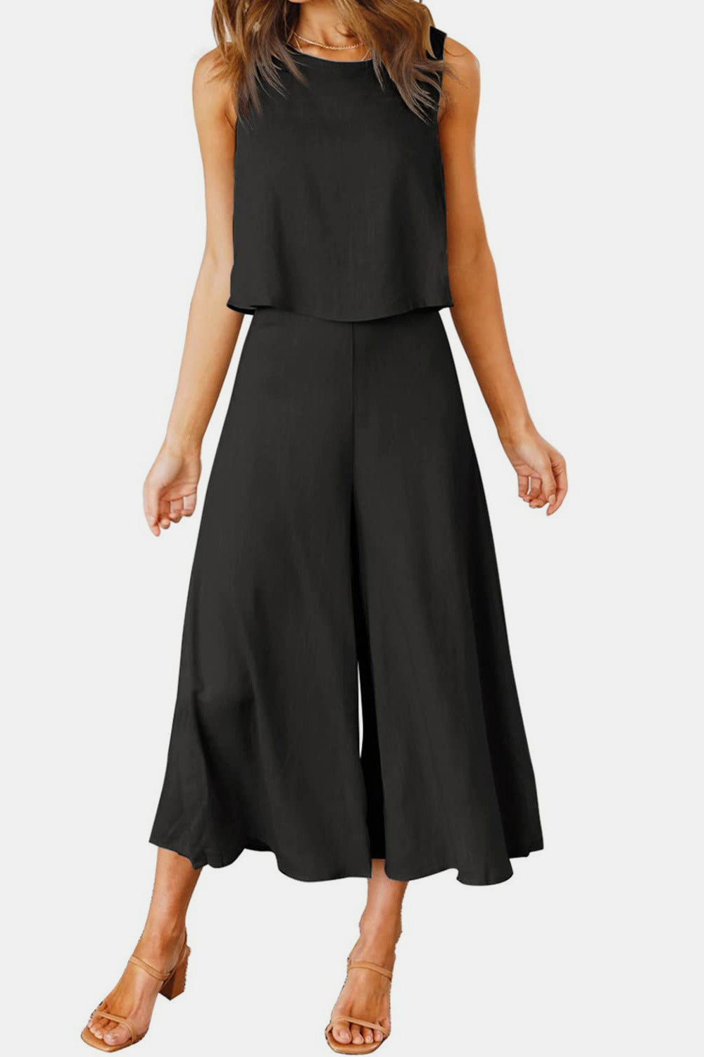 Round Neck Top and Wide Leg Pants Set apparel & accessories