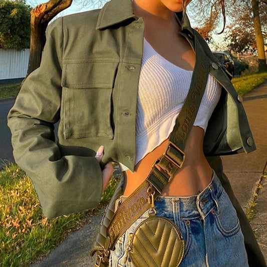 Distressed Multi-pocket Panelled Army Green Lightweight Jacket apparel & accessories
