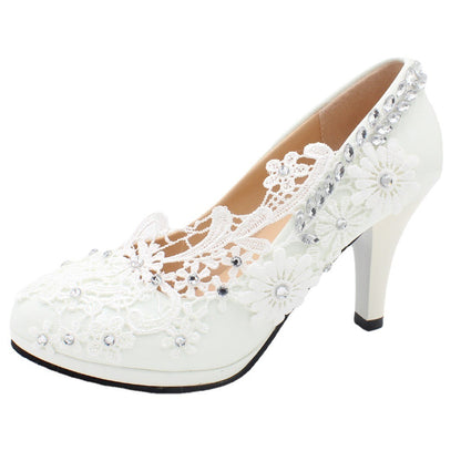 Lace Silver Sequins Adorn White Wedding High Heels Shoes & Bags