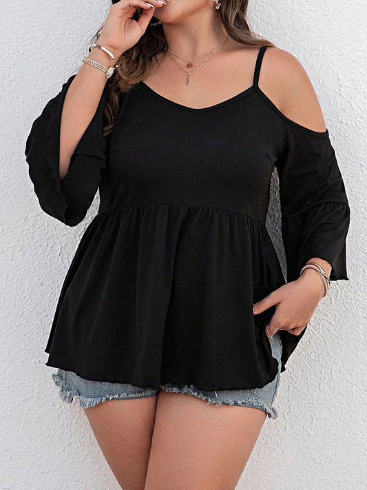 Plus Size Cold Shoulder Flounce Sleeve Blouse Dresses & Tops