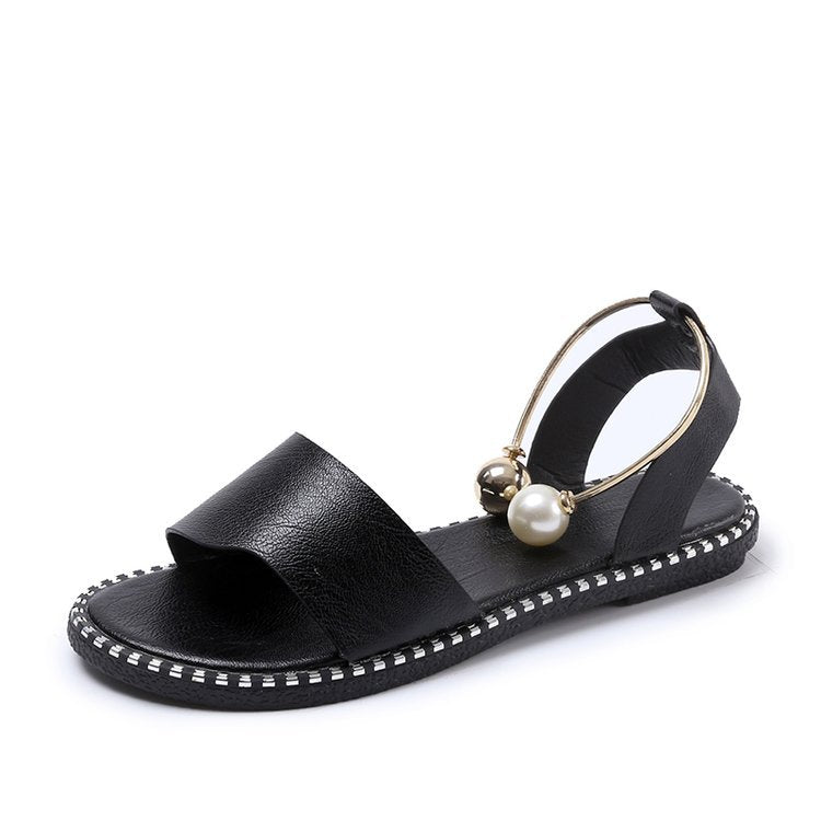 Women Summer Open Toed Simple Flat Roman Style Sandals Pearl Buckle Girl Student Shoes Shoes & Bags